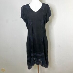Johnny Was Dress Black Embroidered Lace Crochet Short Sleeve V Neck Boho Small